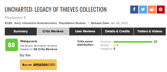 PS5《神秘海域：盗贼遗产合集》评分解禁 M站均分88(神秘海域之盗贼的末路)