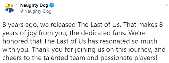 《最后生还者》发售8周年 顽皮狗发推感谢玩家支持(最后生还者2顽皮狗回应)