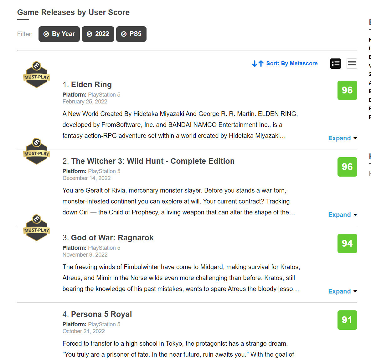 《巫师3》超《战神5》成今年MTC评分第二高的PS5游戏(巫师3还是战神4)